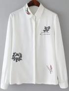Romwe White Lapel Long Sleeve Embroidered Chiffon Blouse