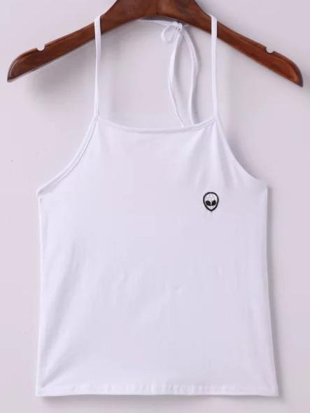 Romwe White Alien Embroidery Halter Lace Up Cami Top