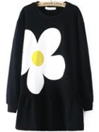 Romwe Long Sleeve Flower Print Black Dress