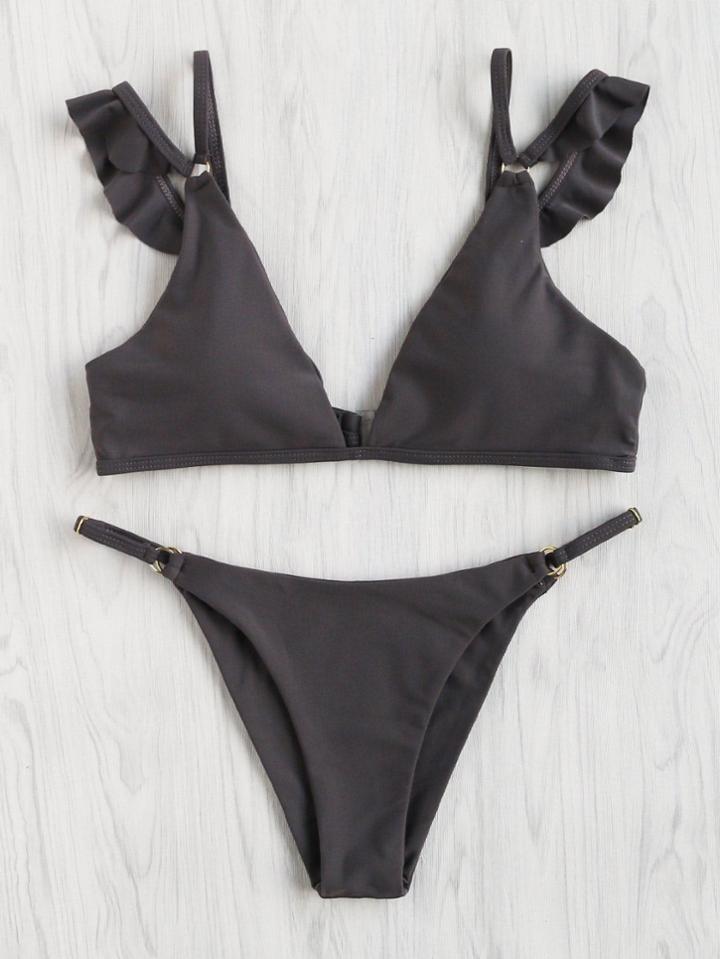 Romwe Ring Detail Ruffle Bikini Set