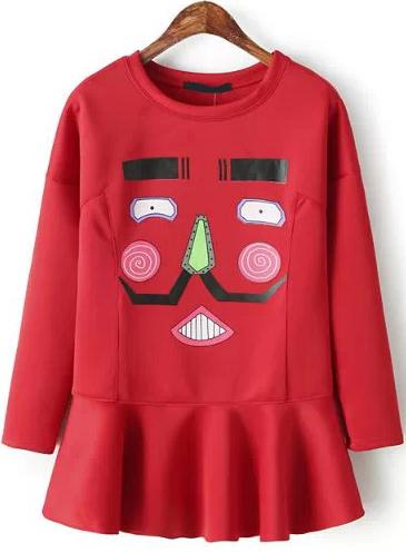 Romwe Red Long Sleeve Round Neck Ruffle Dress