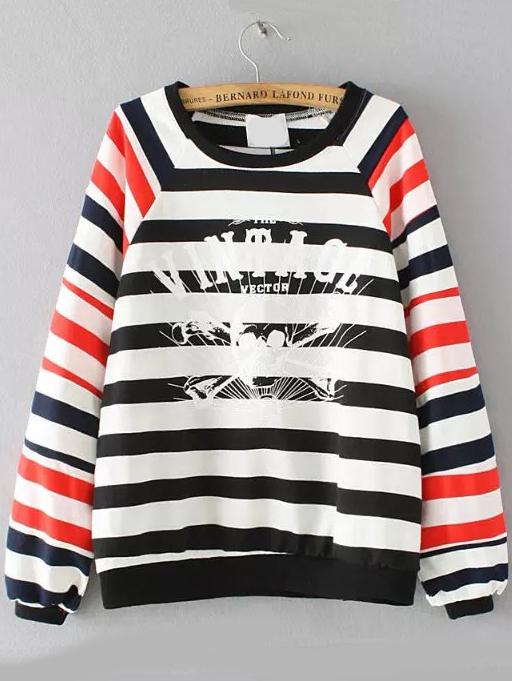 Romwe Striped Skull Print Black Sweatshirt