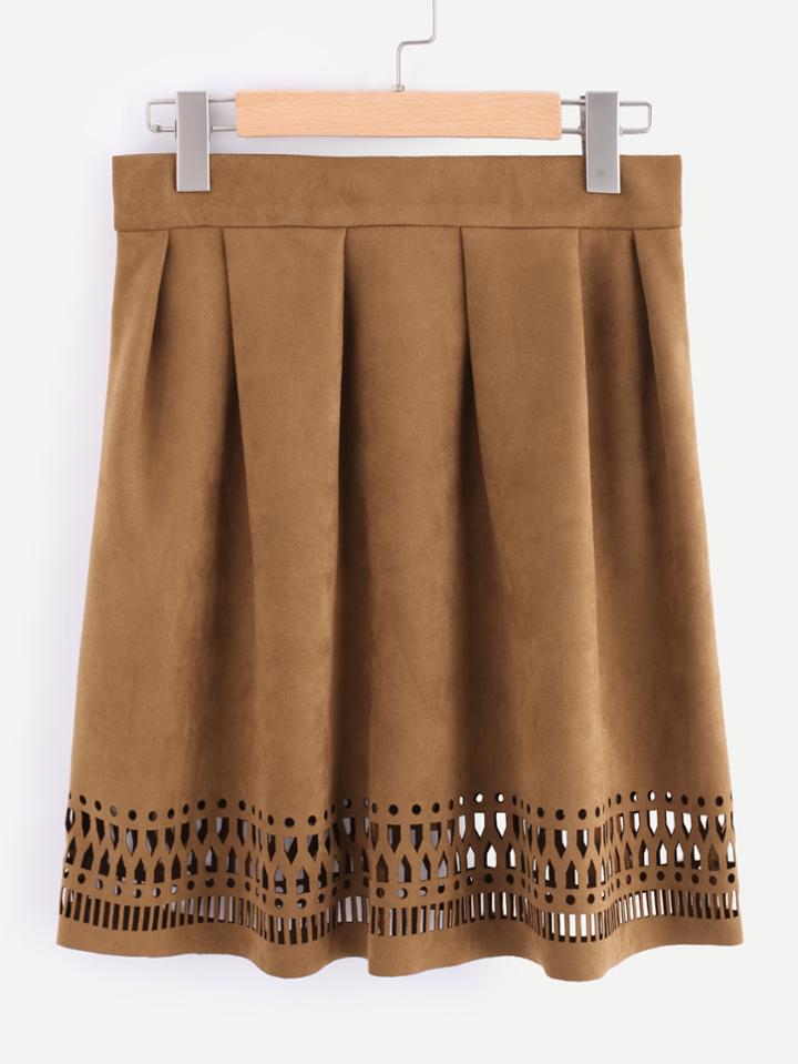Romwe Laser Cut Hem Zip Up Back Suede Skirt