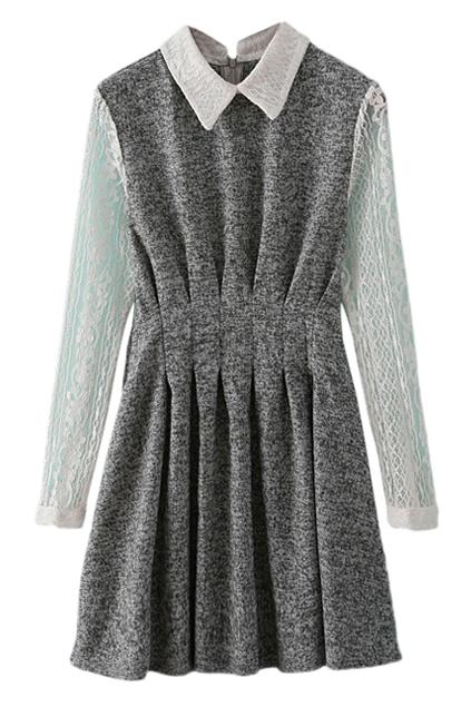 Romwe Pleated Lace Panel Grey Dress
