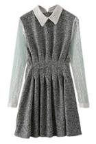 Romwe Pleated Lace Panel Grey Dress