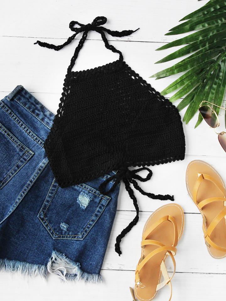 Romwe Halter Neck Crochet Self Tie Back Top