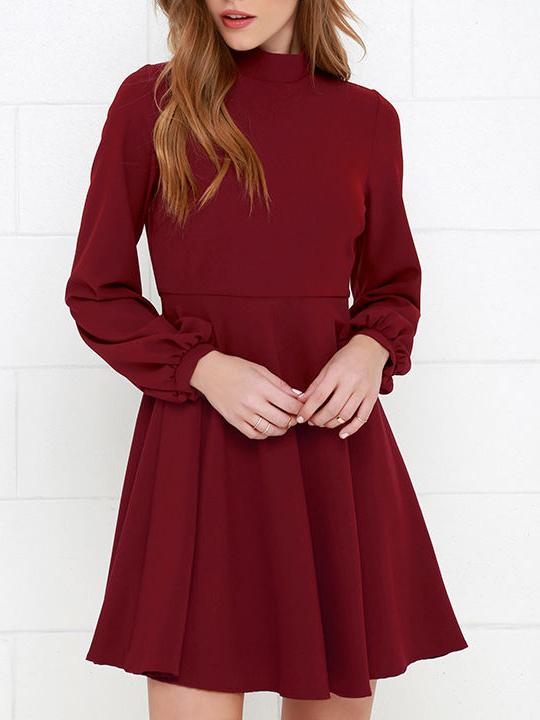 Romwe Burgundy Mock Neck Keyhole Back Skater Dress