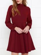 Romwe Burgundy Mock Neck Keyhole Back Skater Dress