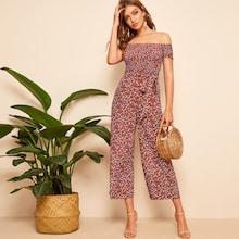 Romwe Shirred Bodice Belted Floral Bardot Jumpsuit