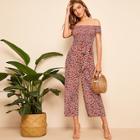 Romwe Shirred Bodice Belted Floral Bardot Jumpsuit