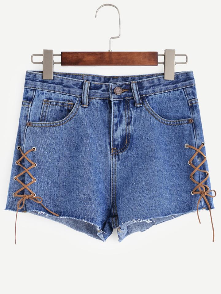 Romwe Blue Lace Up Raw Hem Denim Shorts