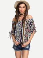 Romwe Multicolor Tribal Print Off-the-shoulder Tie Sleeve Blouse