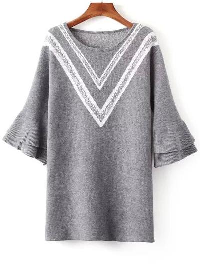Romwe Bell Sleeve Chevron Pattern Grey Sweater Dress