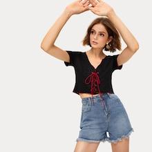 Romwe Lace-up V-neck Crop Tee