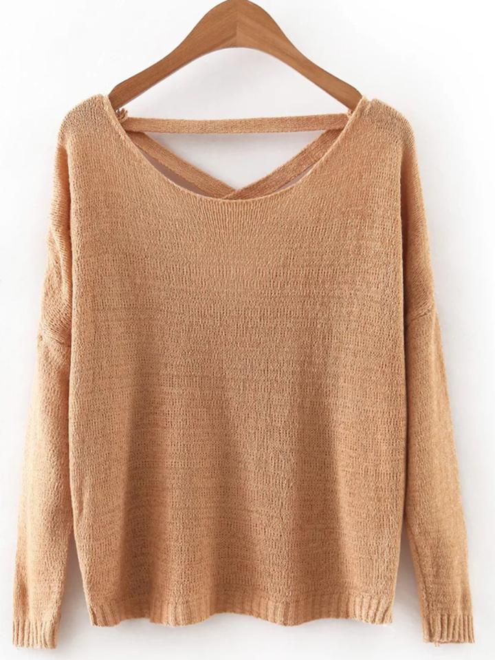 Romwe Brown Criss Cross Back Knitwear