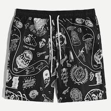 Romwe Guys Mixed Print Drawstring Shorts