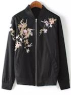 Romwe Black Stand Collar Zipper Embroidered Jacket