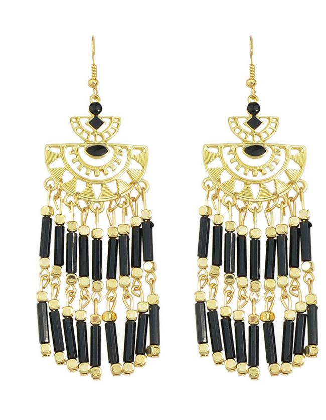 Romwe Long Black Bead Drop Earrings