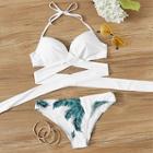 Romwe Cross Wrap Top With Leaf Print Bikini Set