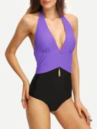Romwe Two-tone Plunge Neck Cutout One-piece Swimwear - Purple