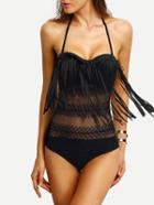 Romwe Halter Lace Insert Fringe One-piece Swimwear - Black