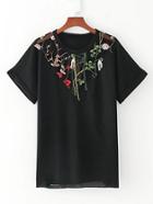 Romwe Contrast Mesh Rolled Cuff Embroidery Tee