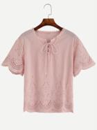 Romwe Pink Scalloped Embroidered Hollow Out Lace Up Blouse