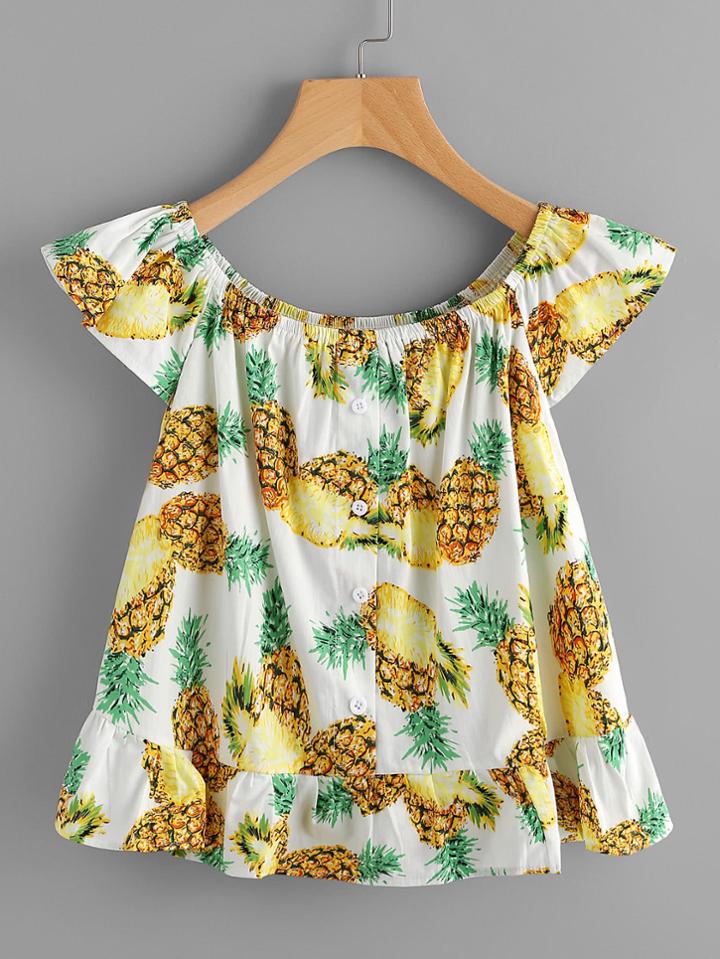 Romwe Pineapple Print Random Frill Hem Blouse