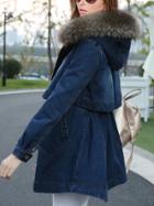 Romwe Hooded Faux Fur Scratch Denim Frock Blue Coat