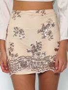 Romwe Apricot Sequin Floral Bodycon Skirt