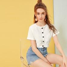 Romwe Button Front Raglan Sleeve Crop Blouse