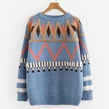 Romwe Chevron Panel Round Neck Sweater