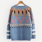 Romwe Chevron Panel Round Neck Sweater