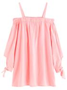 Romwe Pink Cold Shoulder Blouse With Tie Detail Sleeve