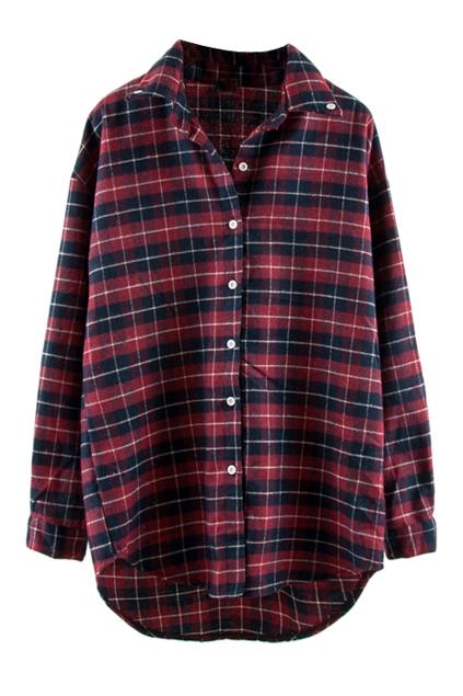 Romwe Plaid Print Arc Hem Shirt