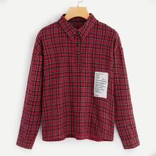 Romwe Drop Shoudler Tartan Plaid Patched Henley Blouse