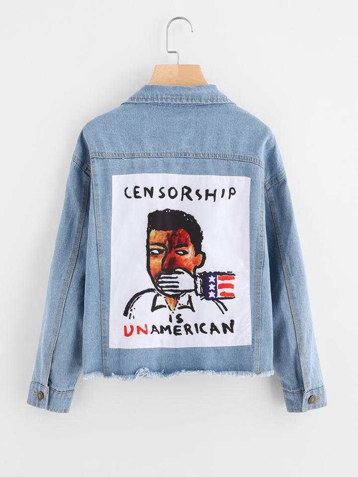 Romwe Patch Back Fray Hem Denim Jacket
