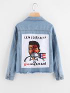Romwe Patch Back Fray Hem Denim Jacket
