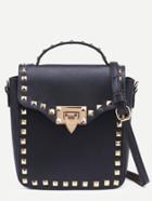 Romwe Black Studded Box Handbag With Strap