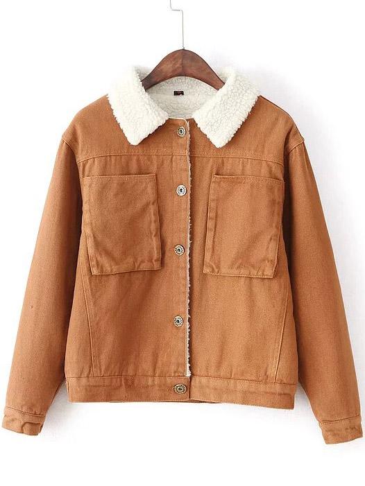 Romwe Khaki Button Jacket With Faux Shearling Lining