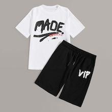 Romwe Guys Letter Print Tee & Drawstring Waist Shorts