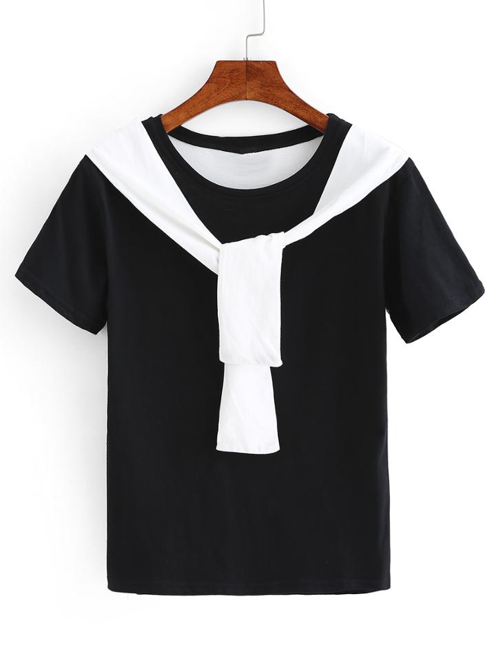Romwe Faux Sleeve-tie Neck T-shirt