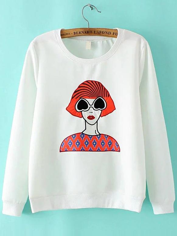 Romwe White Embroidery Patch Round Neck Sweatshirt