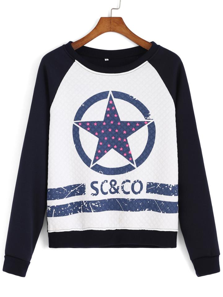 Romwe Raglan Sleeve Star Print Blue Sweatshirt