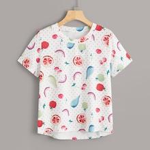 Romwe Fruit & Polka Dot Print High Low Tee