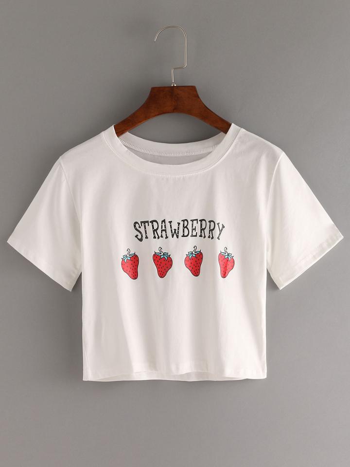 Romwe Strawberry Print Crop T-shirt - White