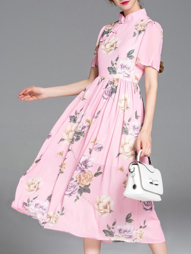 Romwe Pink Collar Floral A-line Dress
