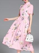 Romwe Pink Collar Floral A-line Dress