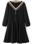 Romwe Black Chevron Pattern A Line Dress With Tassel