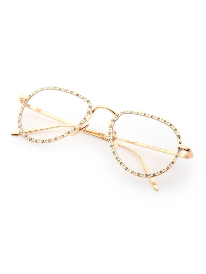 Romwe Rhinestone Embellished Frame Clear Lens Glasses